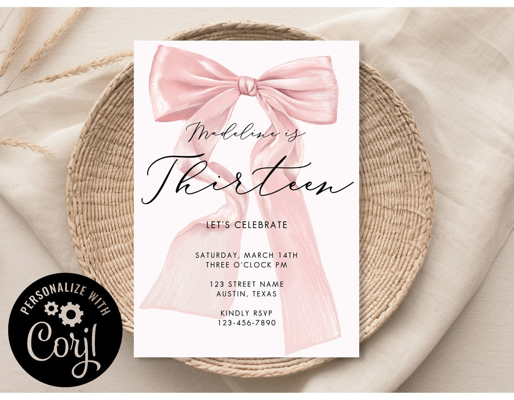 Pink Coquette Bow 13th Thirteenth Teen Tween Gir Trendy Birthday Invitation Editable Template, Instant Download or Printed