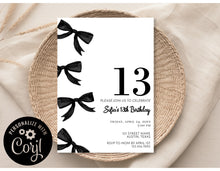 Load image into Gallery viewer, Tween Black Coquette Bow 13th Thirteenth Trendy Girl Birthday Invitation Editable Template, Instant Download or Printed
