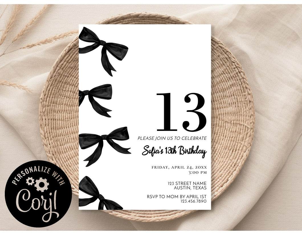 Tween Black Coquette Bow 13th Thirteenth Trendy Girl Birthday Invitation Editable Template, Instant Download or Printed