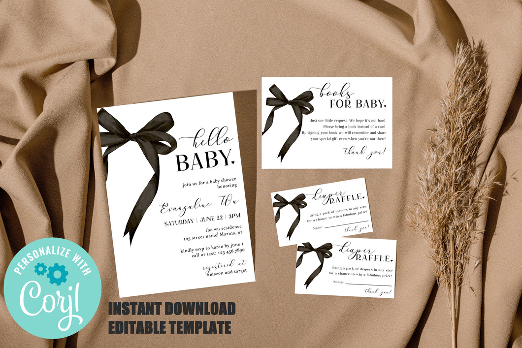 Black Bow Coquette Neutral Boy Girl Baby Shower Invitation with Diaper Raffle & Books for Baby Cards Editable Template, Instant Download or Printed