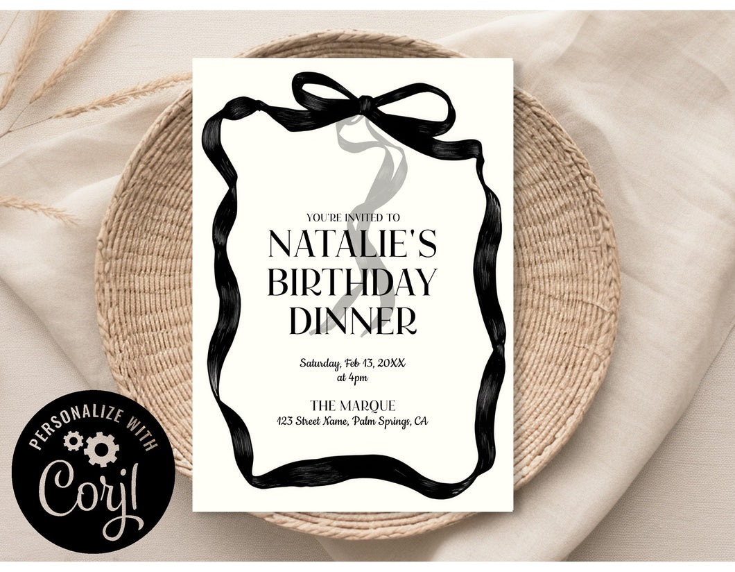 Classy Black Bow Modern Simple Birthday Invitation Editable Template, Instant Download or Printed