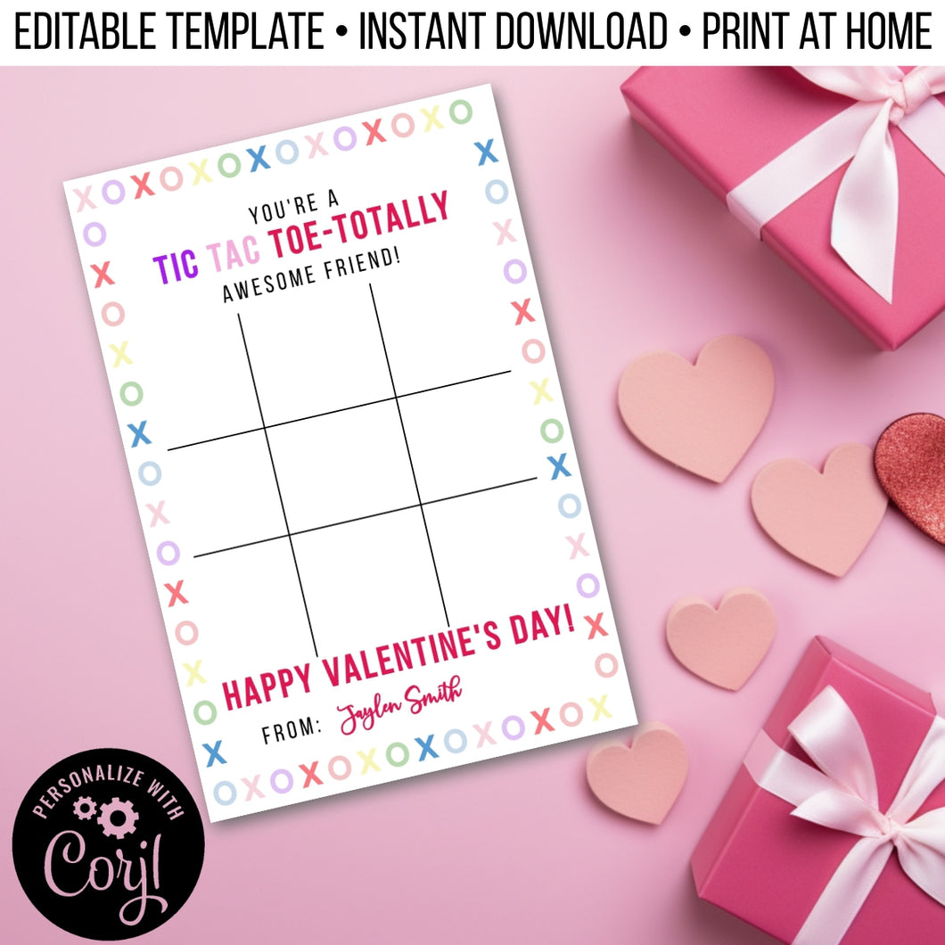 Valentine Card Tic Tac Toe for School Editable Template, Instant Download Printable