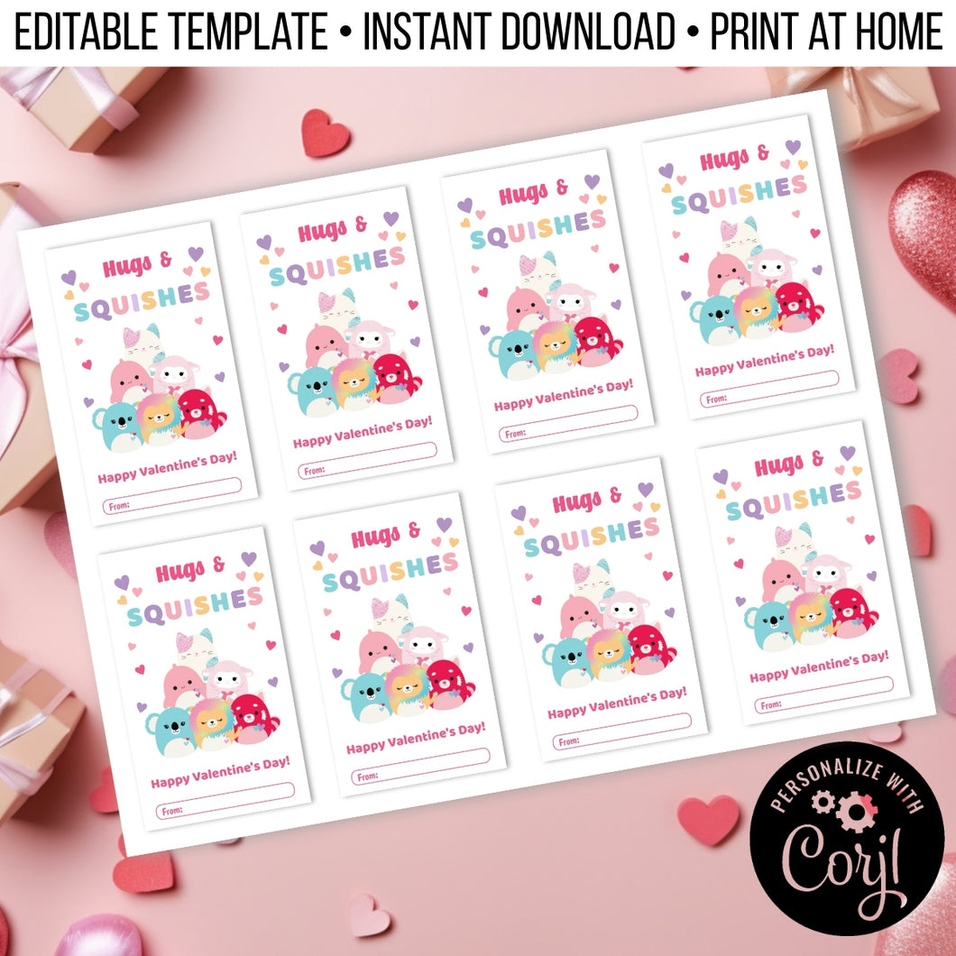 Hugs & Squishes Squishmallow Squish-Themed Rainbow Squishy Valentines Day Cards for School Editable Template, Instant Download Printable