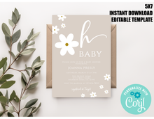 Load image into Gallery viewer, Oh Baby Boho Daisy Neutral Flower Groovy Baby Shower Invitation Editable Template, Instant Download
