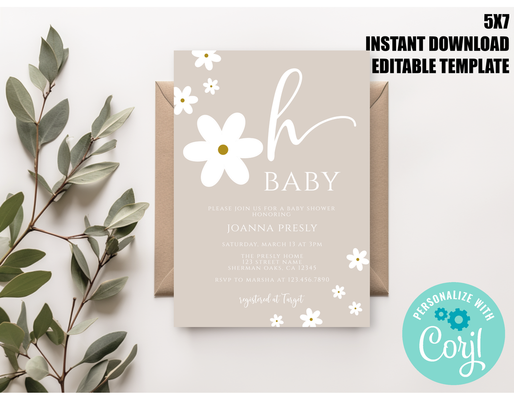 Oh Baby Boho Daisy Neutral Flower Groovy Baby Shower Invitation Editable Template, Instant Download