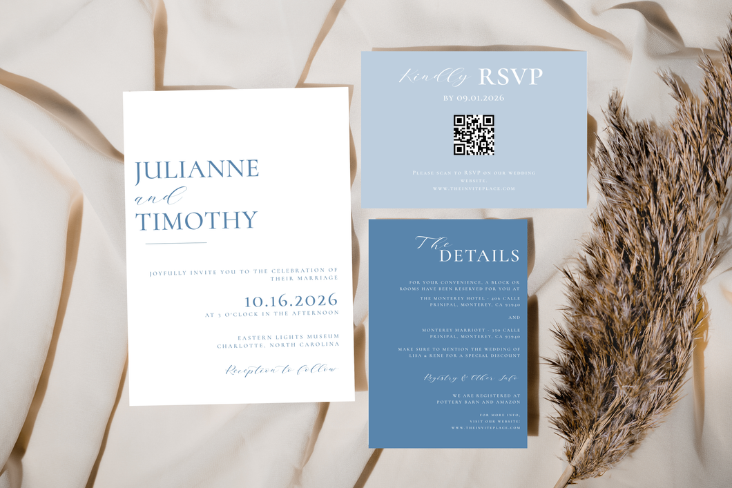 Minimalist Elegant Elegance Dusty Blue Light Blue Spring Wedding Invitation Suite Editable Template or Printed