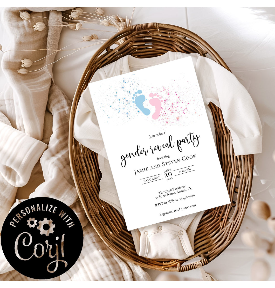 Baby Footprints Blue & Pink Gender Reveal invitation Editable Template, Instant Download or Printed