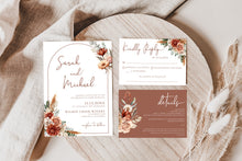 Load image into Gallery viewer, Boho Terracotta Burnt Orange Burgundy Autumn Fall Wedding Invitation Suite Editable Template or Printed
