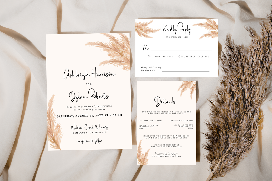 Simple Modern Desert Dried Pampas Leaves Wedding Invitation Suite Editable Template or Printed