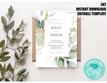 Load image into Gallery viewer, Green Eucalyptus Gold Glowing Frame Wedding Invitation Editable Template, Instant Download
