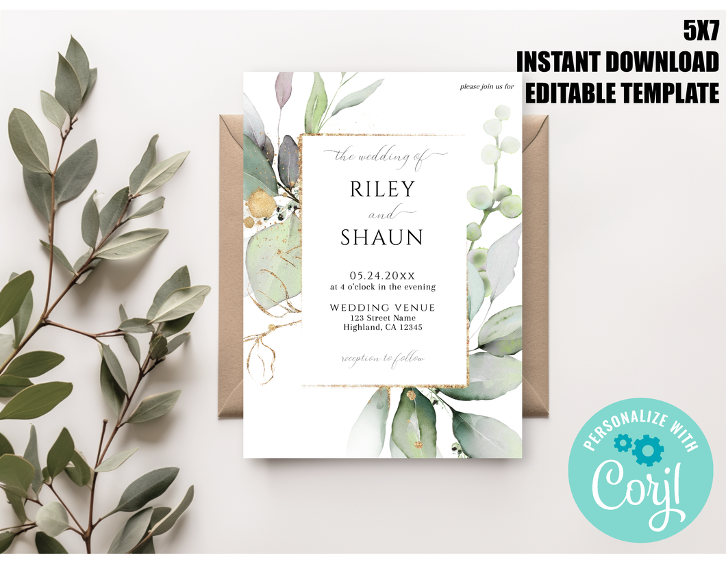 Green Eucalyptus Gold Glowing Frame Wedding Invitation Editable Template, Instant Download