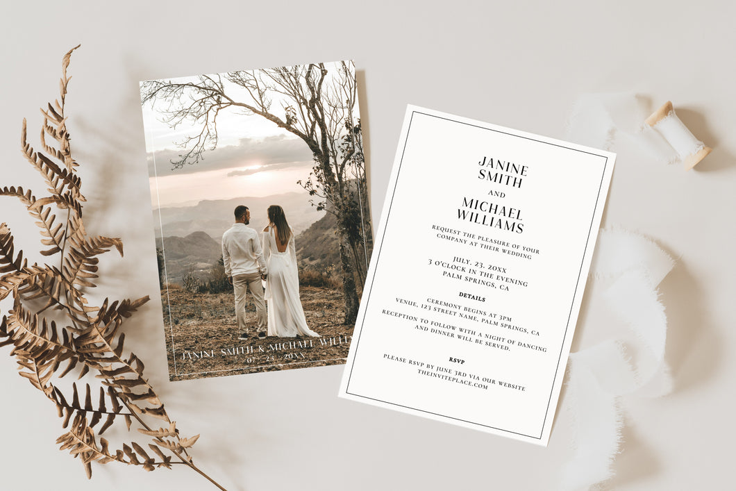 Boho Minimalist Simple Modern Minimal Photo Wedding Invitation Editable Template, Instant Download