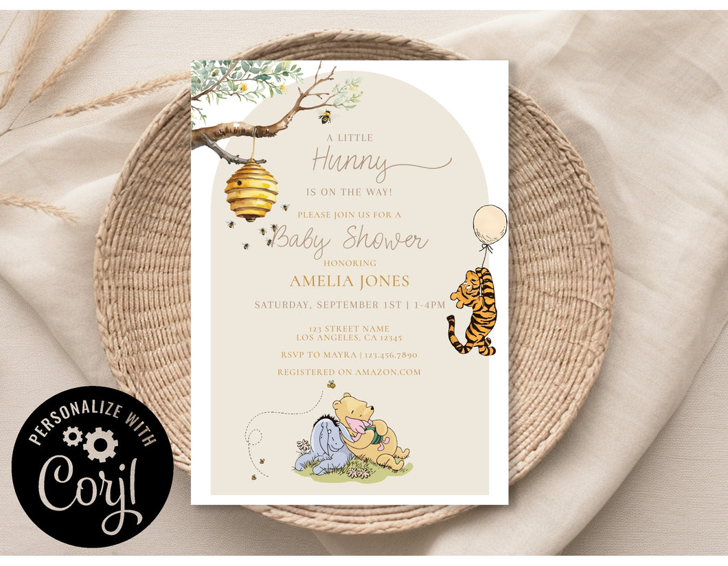 Classic Winnie The Pooh Gender Neutral Baby Shower Invitation Editable Template, Instant Download or Printed