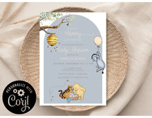 Load image into Gallery viewer, Classic Winnie The Pooh Gender Dusty Blue Neutral Baby Shower Invitation Editable Template, Instant Download or Printed
