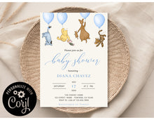 Load image into Gallery viewer, Classic Winnie the Pooh Blue Balloons with Characters Baby Shower Invitation Editable Template, Instant Download or Printed
