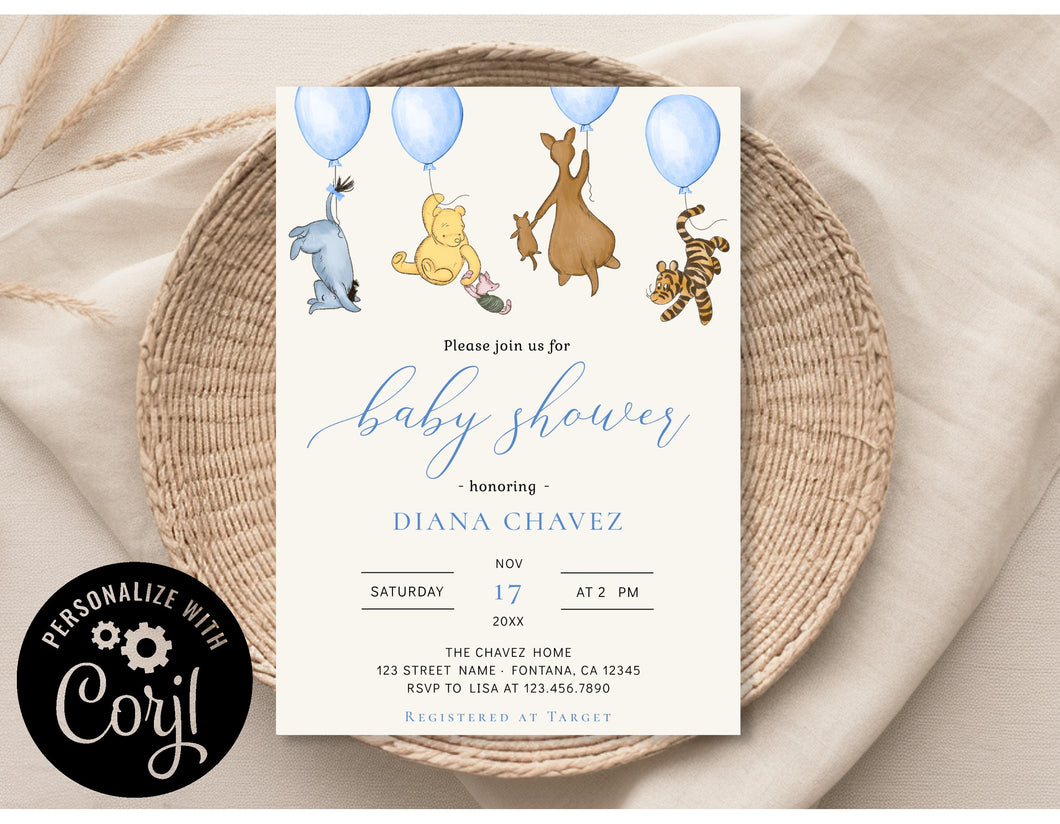 Classic Winnie the Pooh Blue Balloons with Characters Baby Shower Invitation Editable Template, Instant Download or Printed