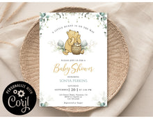 Load image into Gallery viewer, Classic Winnie the Pooh Eucalyptus Gender Neutral Hunny is on the Way Baby Shower Invitation Editable Template, Instant Download or Printed
