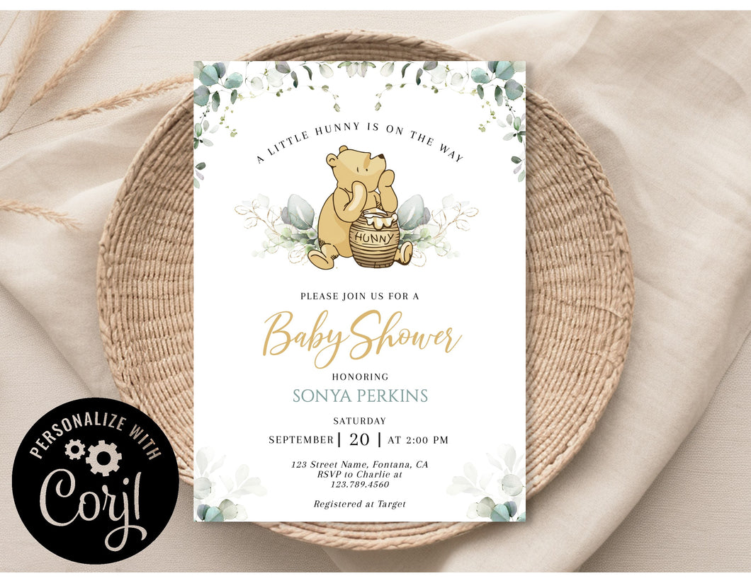 Classic Winnie the Pooh Eucalyptus Gender Neutral Hunny is on the Way Baby Shower Invitation Editable Template, Instant Download or Printed