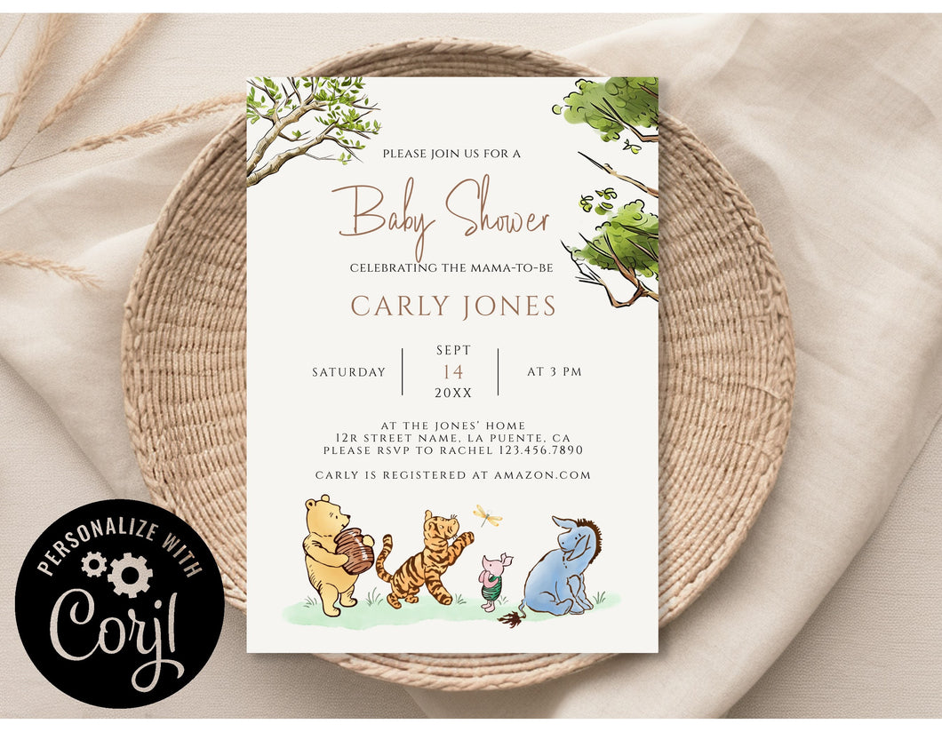 Winnie the Pooh and Friends Gender Neutral Forest Scene Baby Shower Invitation Editable Template, Instant Download or Printed