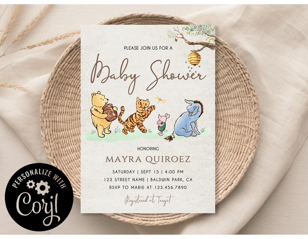 Storybook Classic Winnie the Pooh Gender Neutral Friends Baby Shower Invitation Editable Template, Instant Download or Printed