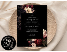 Load image into Gallery viewer, Burgundy Plum Floral Gothic Dark Wedding Invitation Editable Template, Instant Download
