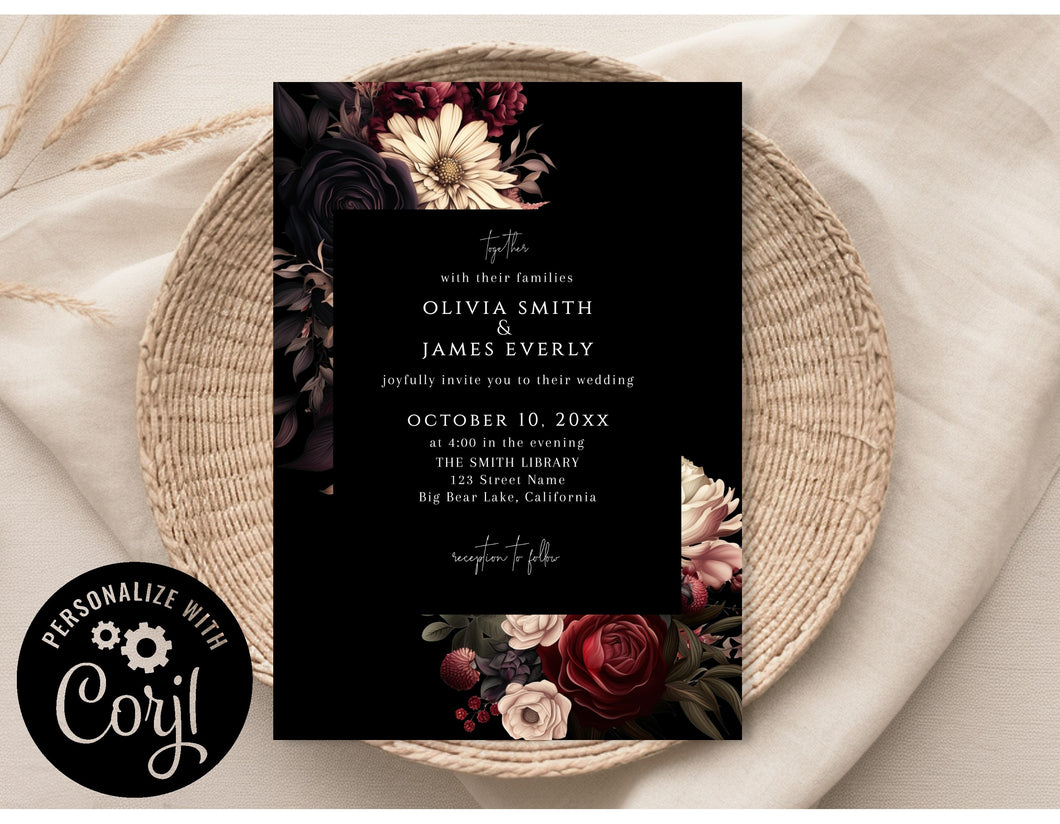 Burgundy Plum Floral Gothic Dark Wedding Invitation Editable Template, Instant Download