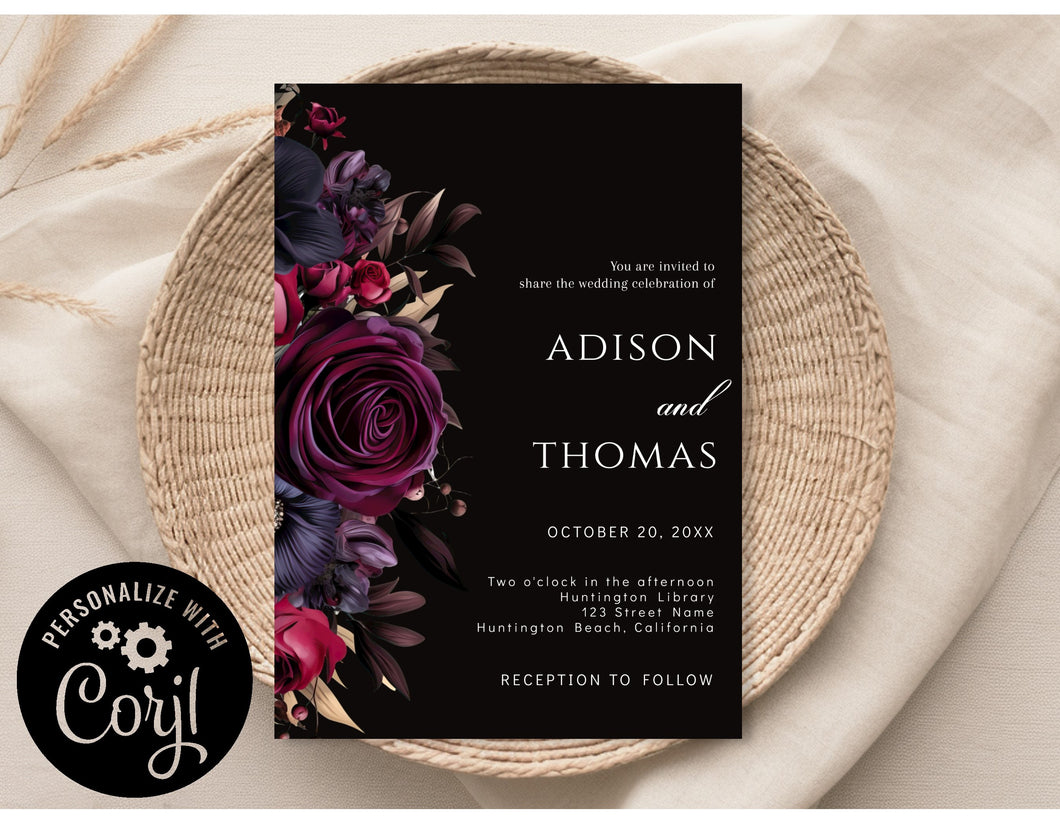 Dark Gothic Burgundy, Plum, and Black Floral Fall Wedding Invitation Editable Template, Instant Download