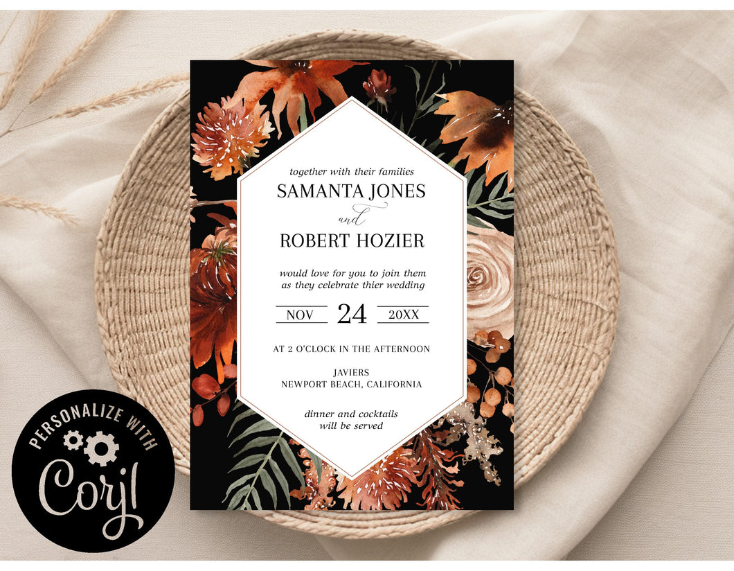 Orange Terracotta Floral Fall Wedding Invitation Editable Template, Instant Download