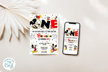 Load image into Gallery viewer, Mickey Mouse Red, Gold and Black 1st Birthday One Fun Birthday Invitation Editable Template, Instant Download
