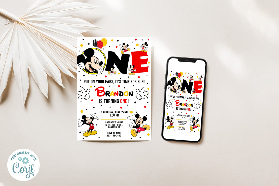 Mickey Mouse Red, Gold and Black 1st Birthday One Fun Birthday Invitation Editable Template, Instant Download