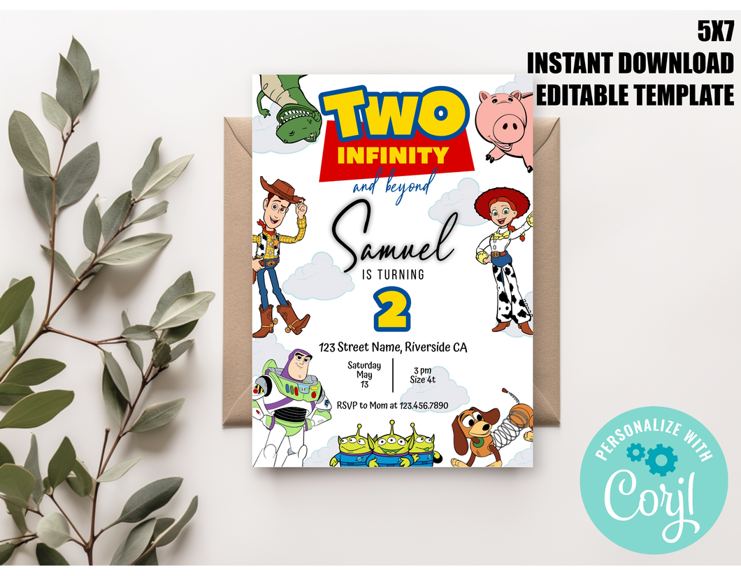 Toy Story Two Infinity & Beyond Woody & Buzz Lightyear 2nd Birthday Invitation Editable Template, Instant Download