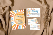 Load image into Gallery viewer, Here Comes The Son Blue Brown Sun Sonshine Baby Shower Invitation Bundle with Games and More
