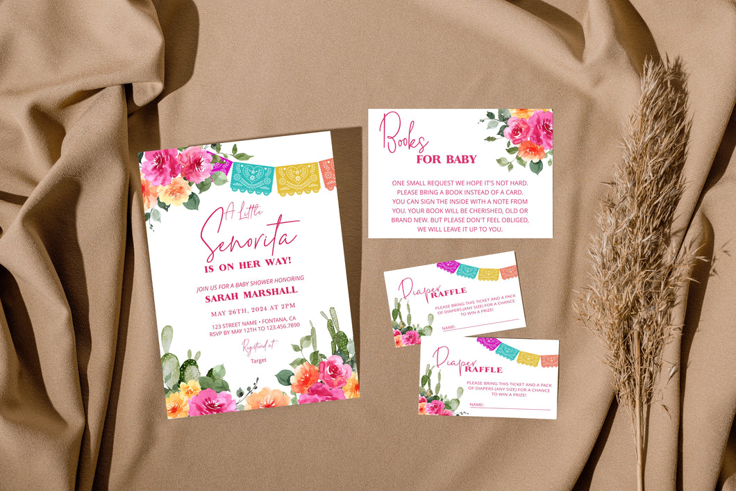 A Little Senorita is on her Way! Mexican Fiesta Cactus Pink Orange Floral Baby Shower Invitation with Diaper Raffle & Books for Baby Cards Editable Template, Instant Download or Printed