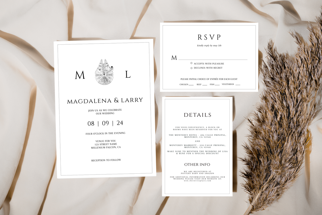 Modern Monogram Simple Millenium Falcon Star Wars Wedding Invitation Suite Editable Template, Instant Download or Printed