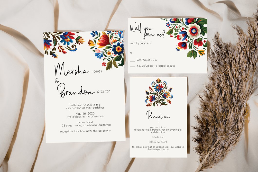 Mexican Floral Red Summer Modern Wedding Invitation Suite