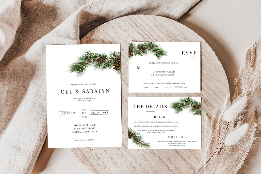 Modern Simple Winter Pine Cone Tree Greenery Branch Wedding Invitation Suite