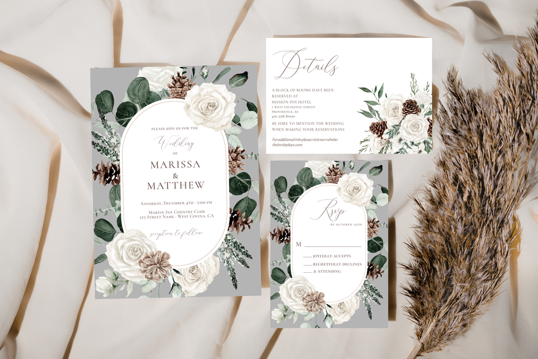 Winter Neutral Brown and Gray Pine Cone Tree Forest Greenery Wedding Invitation Suite Editable Template, Instant Download or Printed