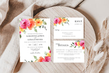 Load image into Gallery viewer, Bright Vibrant Colorful Peach Pink Yellow Floral Summer Spring Wedding Invitation Suite Editable Template or Printed
