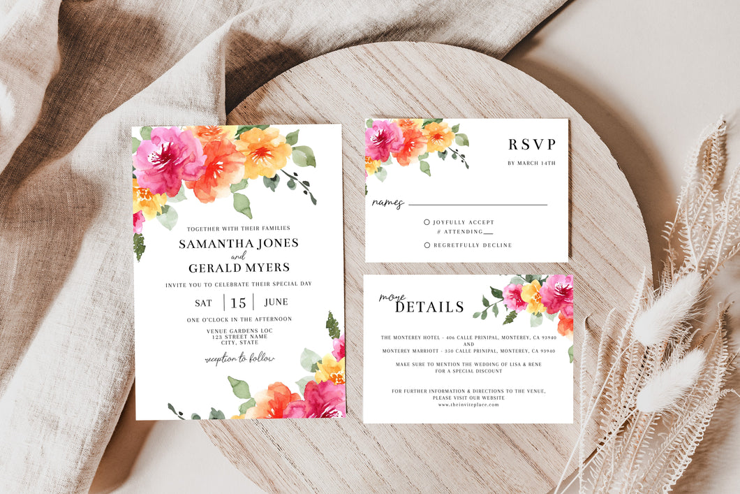 Bright Vibrant Colorful Peach Pink Yellow Floral Summer Spring Wedding Invitation Suite Editable Template or Printed