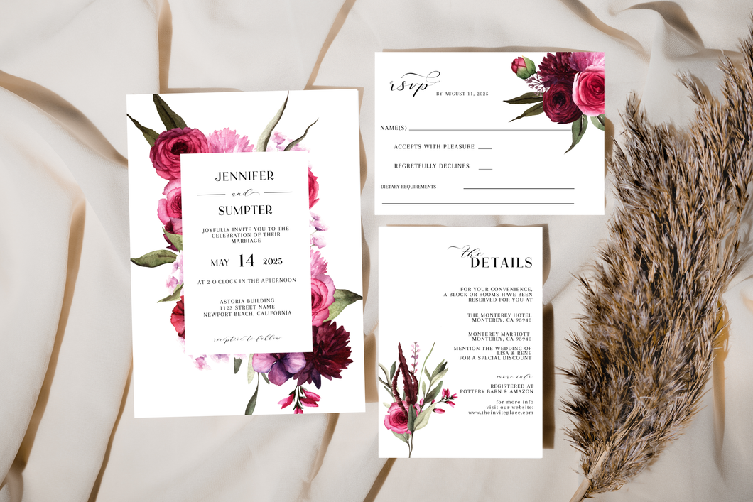 Modern Boho Magenta Fushcia Orchid Floral Wedding Invitation Suite Editable Template, Instant Download or Printed