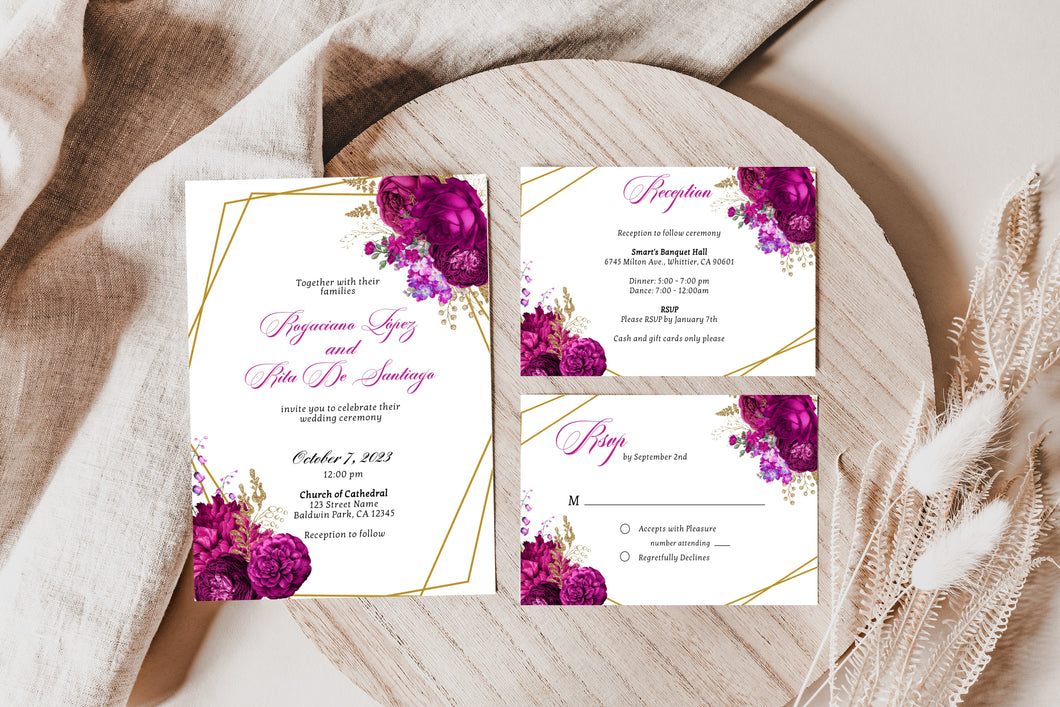 Magenta Fushcia Floral with Gold Wedding Invitation Suite