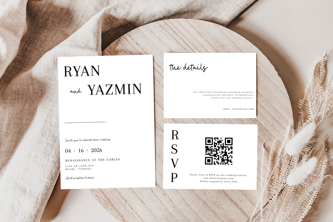 Arlo Simple Modern Black and White Wedding Invitation Suite Editable Template or Printed