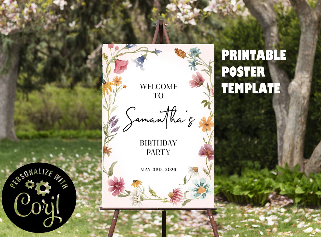 Garden Wildflowers Birthday Party Welcome Sign Poster Editable Template, Instant Download