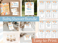 Load image into Gallery viewer, Here Comes The Son Blue Brown Sun Sonshine Baby Shower Invitation Bundle with Games and More
