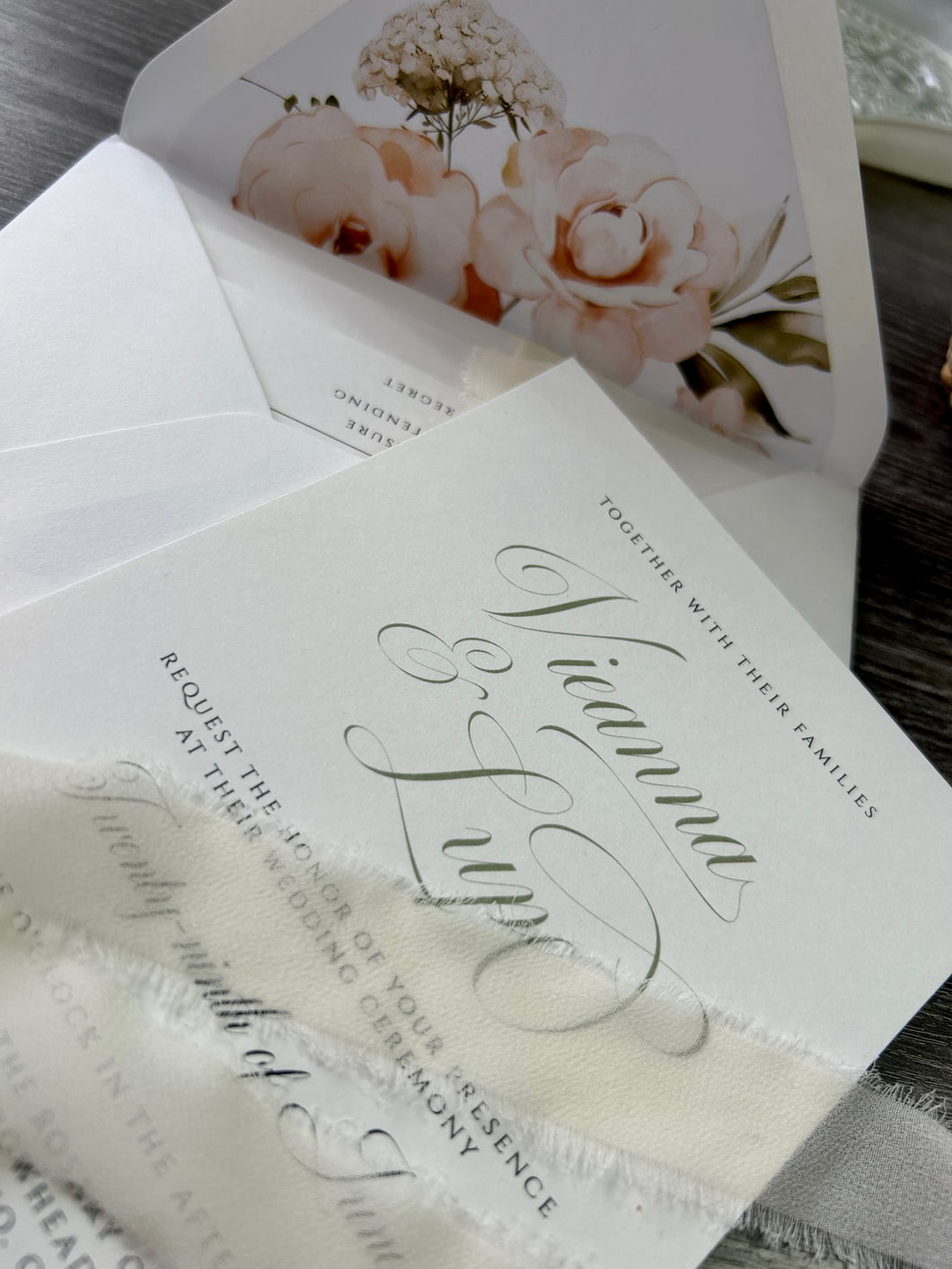 Elegant Modern White Ivory Peach and Sage Floral Wedding Invitation Suite Printed