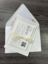 Load image into Gallery viewer, Elegant Modern White Ivory Peach and Sage Floral Wedding Invitation Suite Printed
