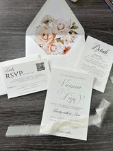 Load image into Gallery viewer, Elegant Modern White Ivory Peach and Sage Floral Wedding Invitation Suite Printed
