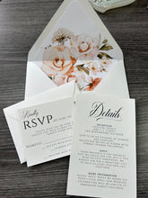 Load image into Gallery viewer, Elegant Modern White Ivory Peach and Sage Floral Wedding Invitation Suite Printed
