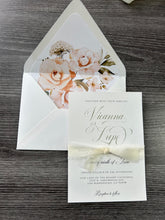 Load image into Gallery viewer, Elegant Modern White Ivory Peach and Sage Floral Wedding Invitation Suite Printed
