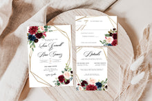 Load image into Gallery viewer, Autumn Fall Burgundy, Navy Blue Floral with Gold Geometrical Frame Wedding Invitation Suite Editable Template or Printed
